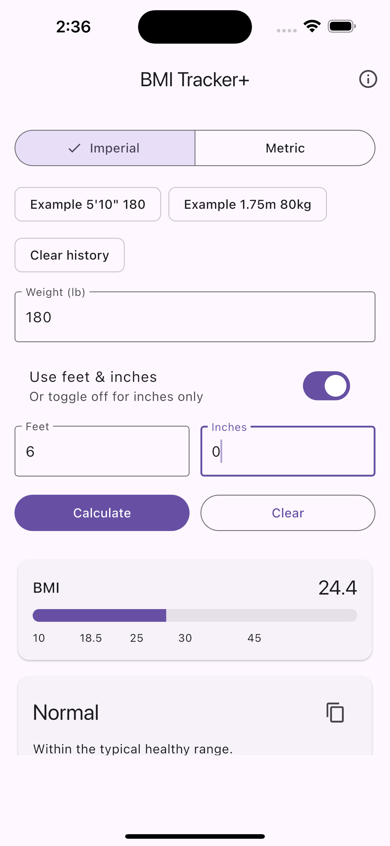 BMI Tracker+ main screen