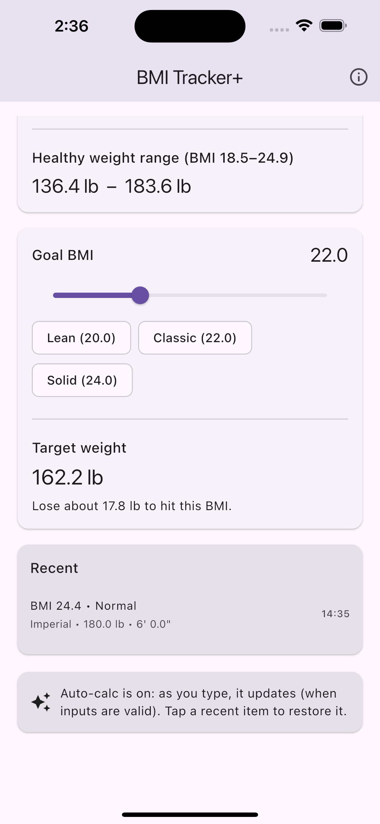 BMI Tracker+ goal BMI and target weight