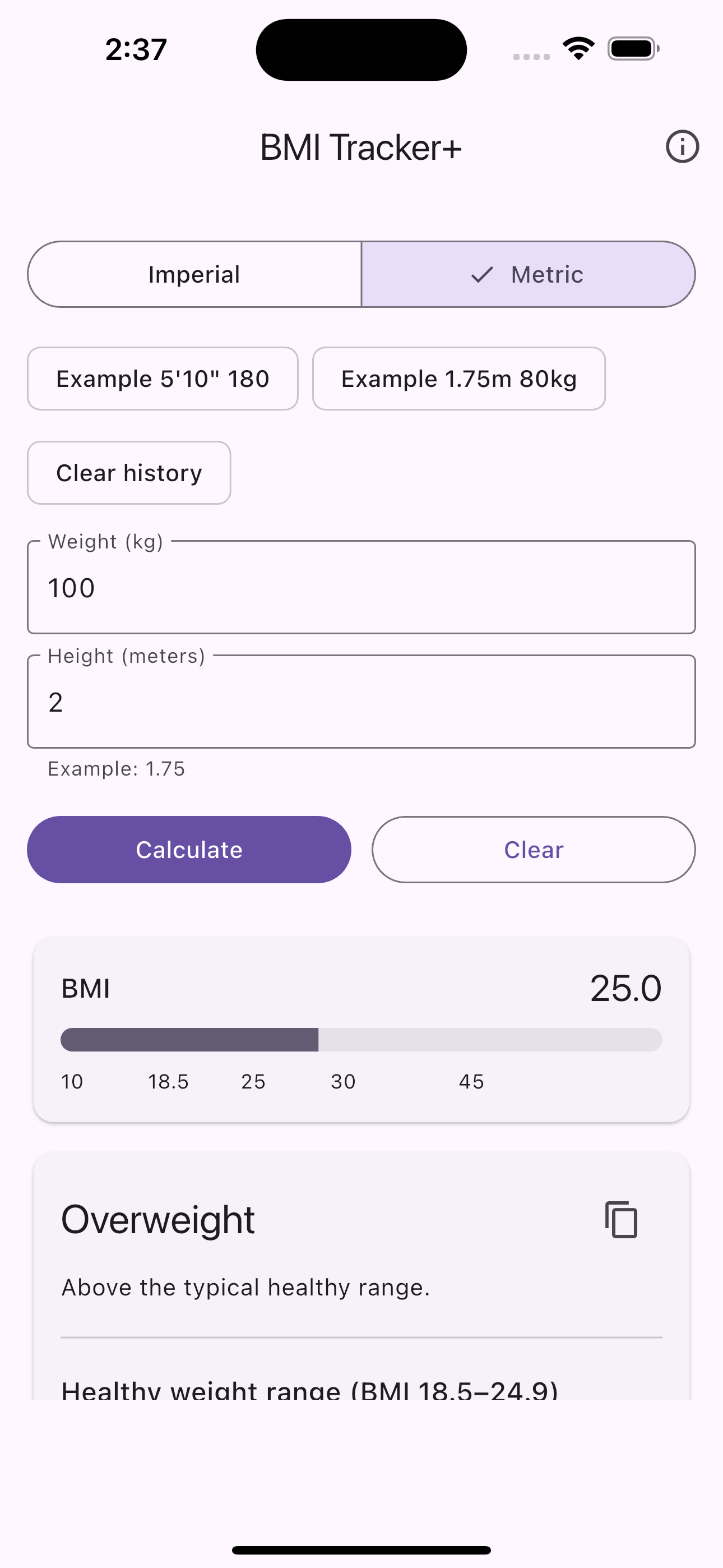 BMI Tracker+ results and healthy range
