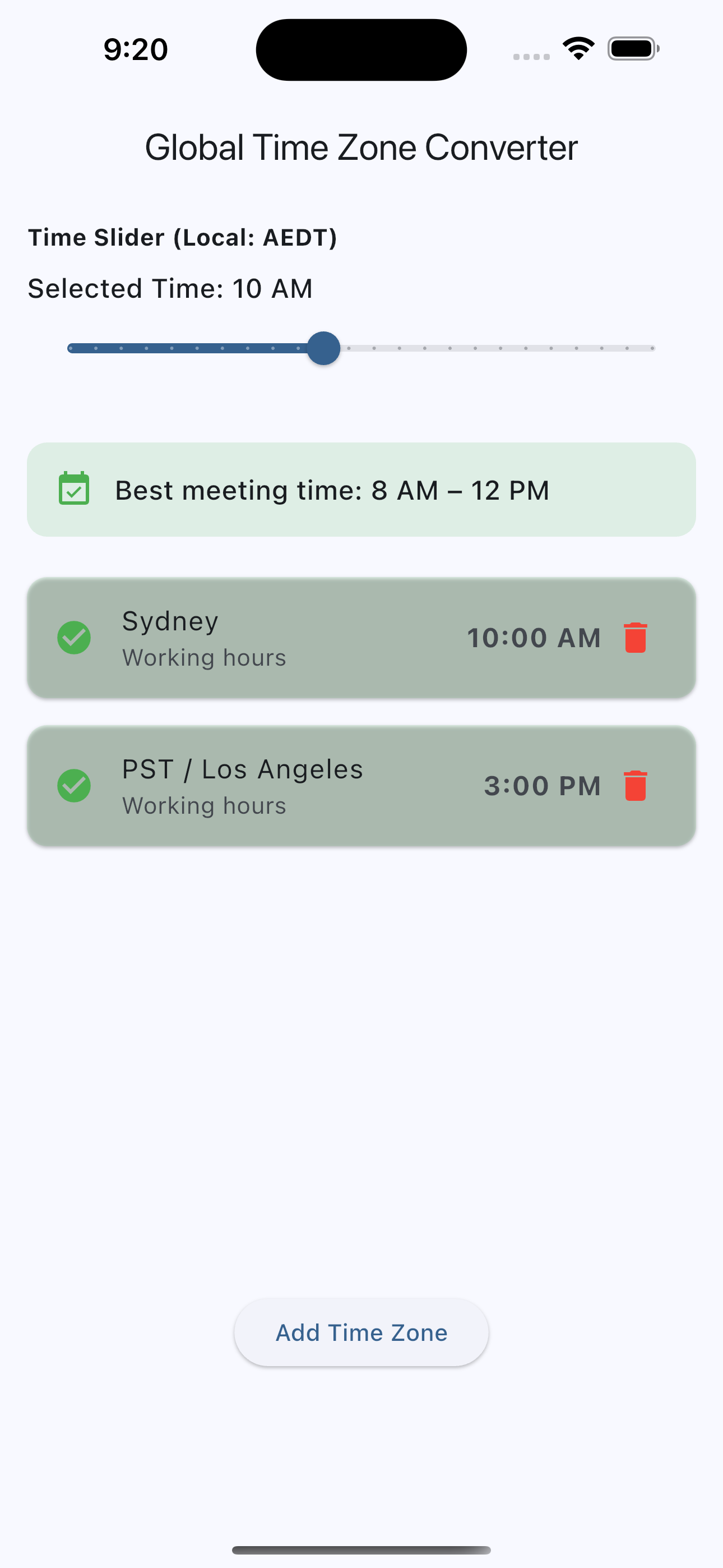 Global Time Zone Converter main screen